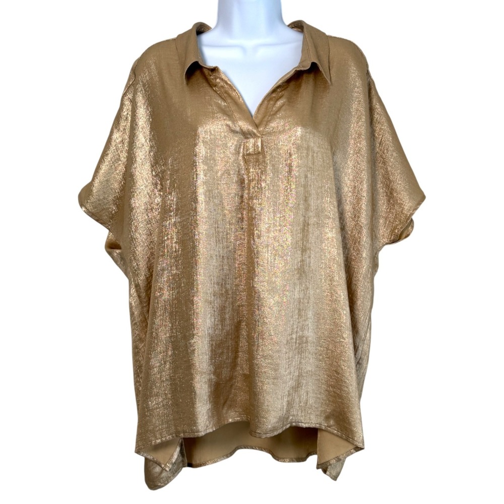 Susan Graver Foiled Woven‎ Pullover Henley Top Soft Gold Size XLP NYE Versatile